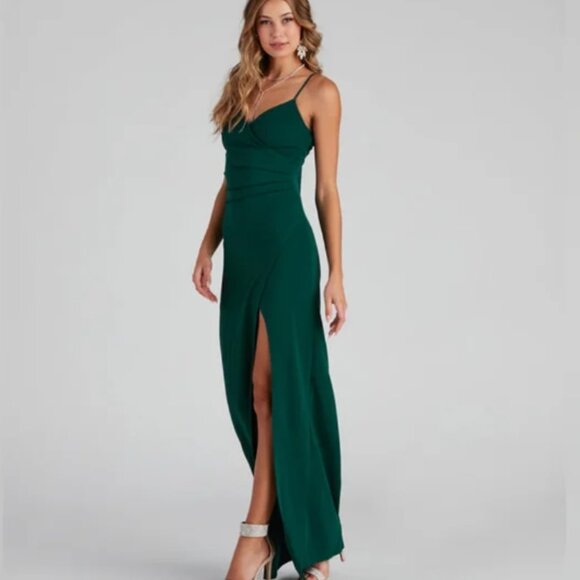 Formal High Slit Wrap Dress, Hunter Green - Size Small - Picture 4 of 4